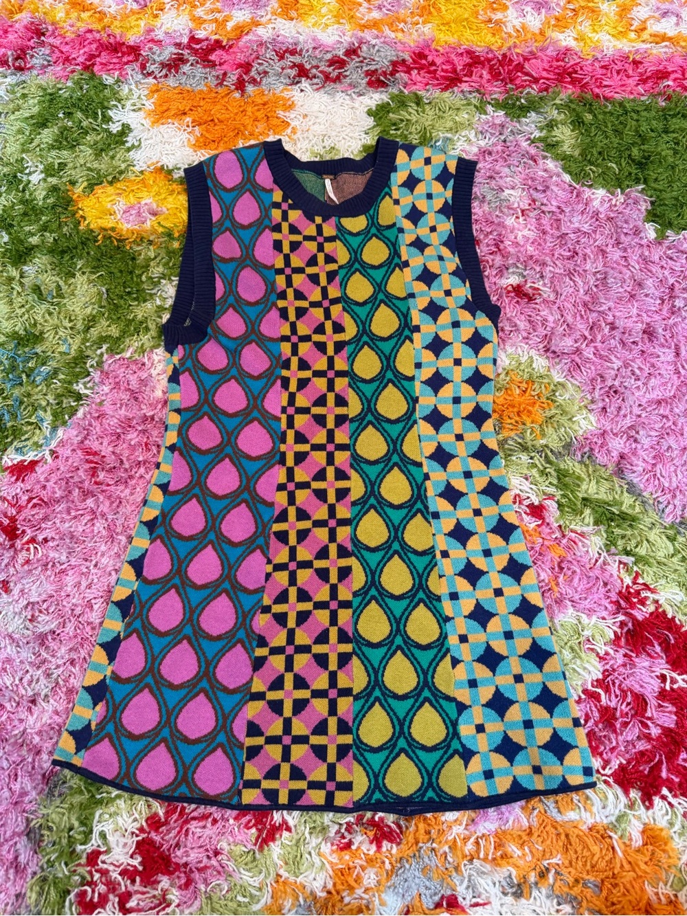 Free People Multicolor Geo Knit Mini Dress - Pink, Teal, Yellow, Navy